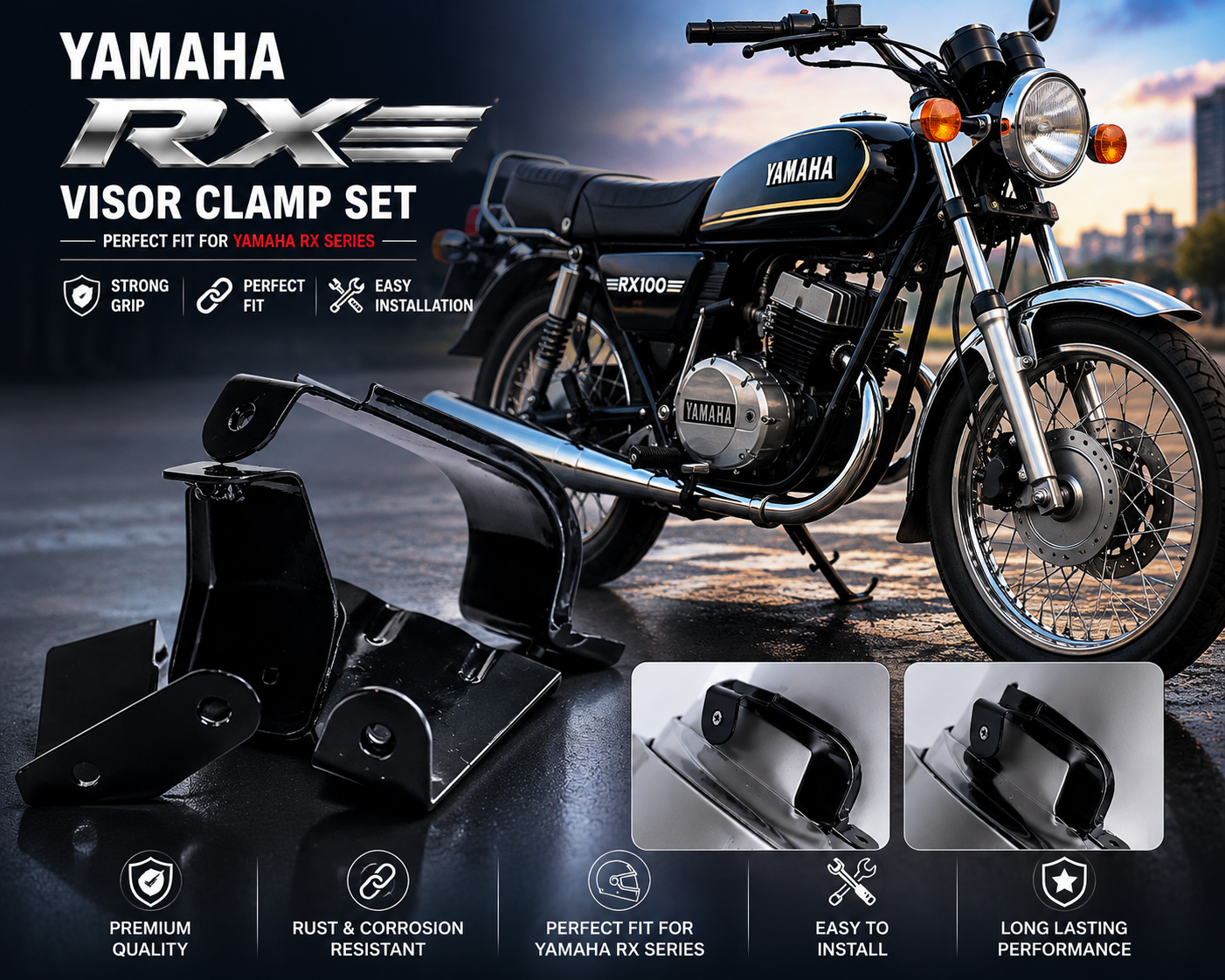 motolab yamaha visor clamp set compatible with rx100, rx135, rx z & rx 5 speed